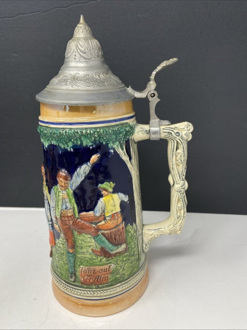 Vintage German Ceramic Beer Stein Dancing Couple Village Scene Pewter Lid 10.5”